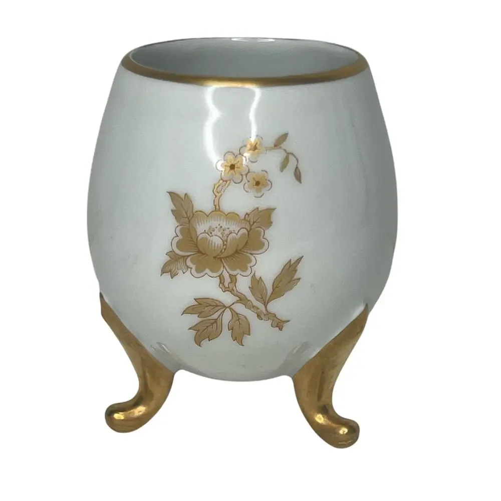 Limoges Egg Shape Vase France Porcelain 24 Kt Gold Rose 3 Footed Hand Painted